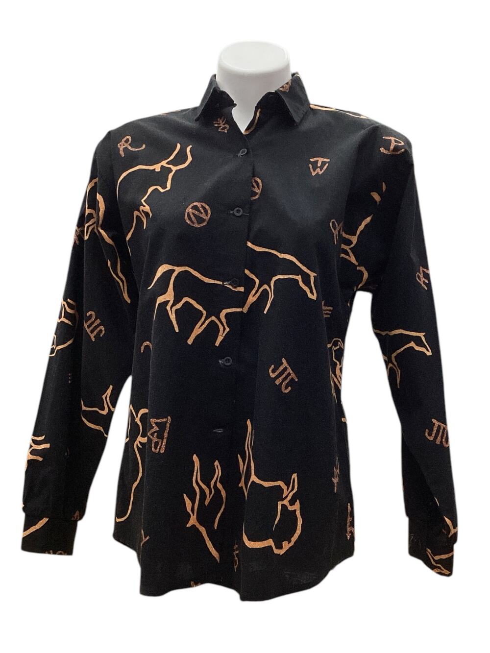Vintage Roper Women’s Top Size M Button Down Cotton Bull Motif Black And Orange